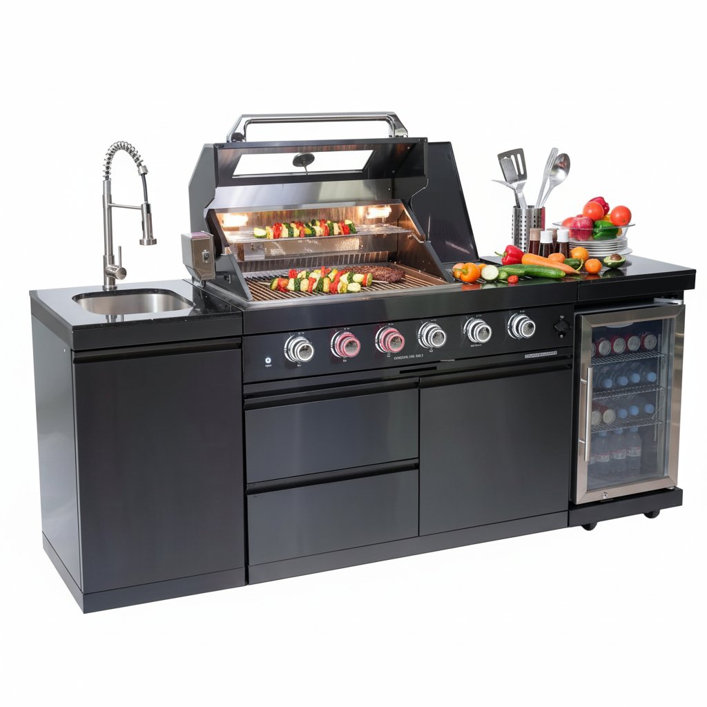 Outdoor Kitchen Island Gas Grill System 4 Burner BBQ Island with Rotisserie Kit, Integrated Sink, Wine Cooler & Granite Countertop