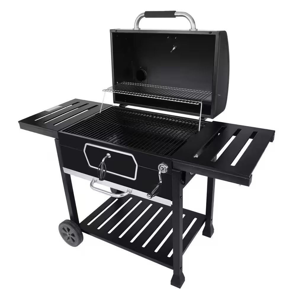 30 In. Charcoal Grill with Cover, BBQ Smoker Picnic Camping Patio Backyard Cooking in Black