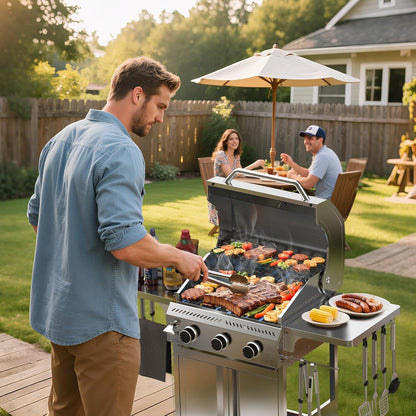 Propane Gas Grill, 3-Burner 24,000 BTU Stainless Steel BBQ Grill with Foldable Shelf for Outdoor Barbecue and Cooking