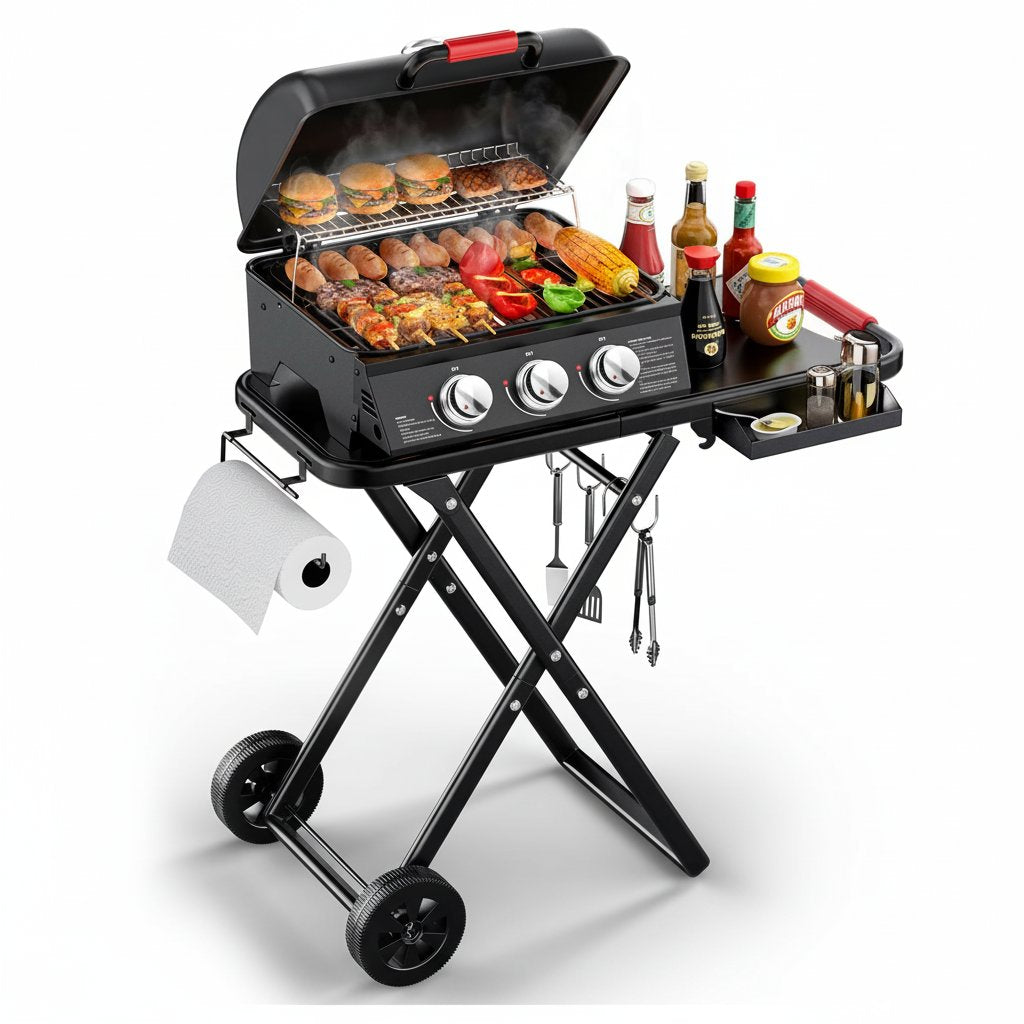 3-Burner Portable Grill with Foldable Legs, 30,000BTU Gas Grill , 415 SQ.IN Detachable Propane Grills, Non-Stick Porcelain Grate, Outdoor Bbq Grill for Camping, Tailgating, Backyard Cooking