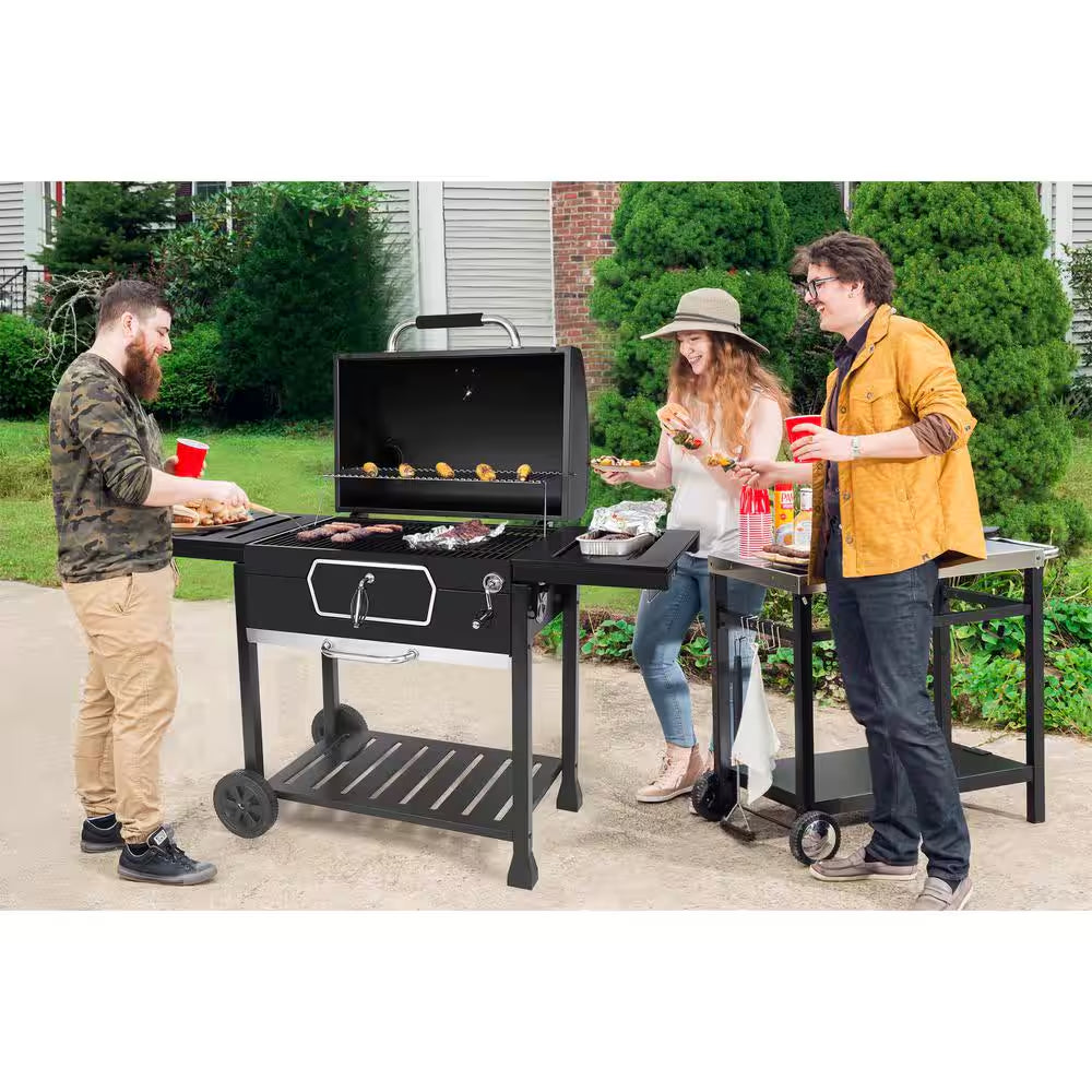 30 In. Charcoal Grill with Cover, BBQ Smoker Picnic Camping Patio Backyard Cooking in Black