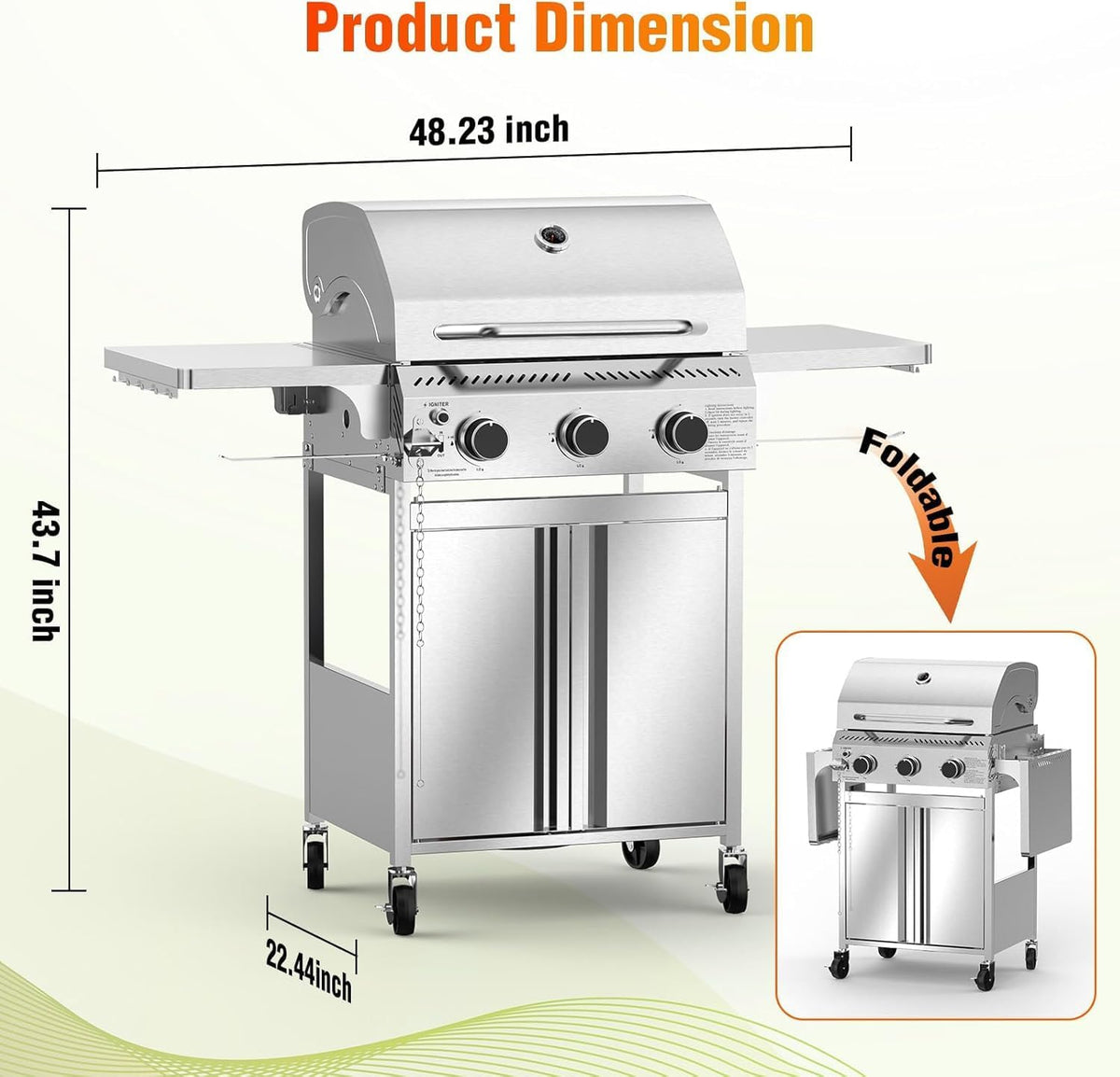 Propane Gas Grill, 3-Burner 24,000 BTU Stainless Steel BBQ Grill with Foldable Shelf for Outdoor Barbecue and Cooking