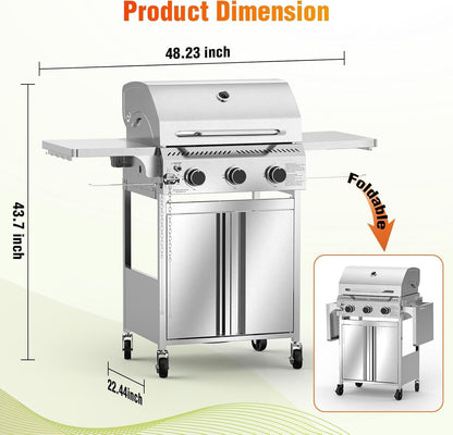 Propane Gas Grill, 3-Burner 24,000 BTU Stainless Steel BBQ Grill with Foldable Shelf for Outdoor Barbecue and Cooking