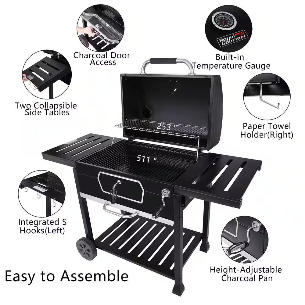 30 In. Charcoal Grill with Cover, BBQ Smoker Picnic Camping Patio Backyard Cooking in Black