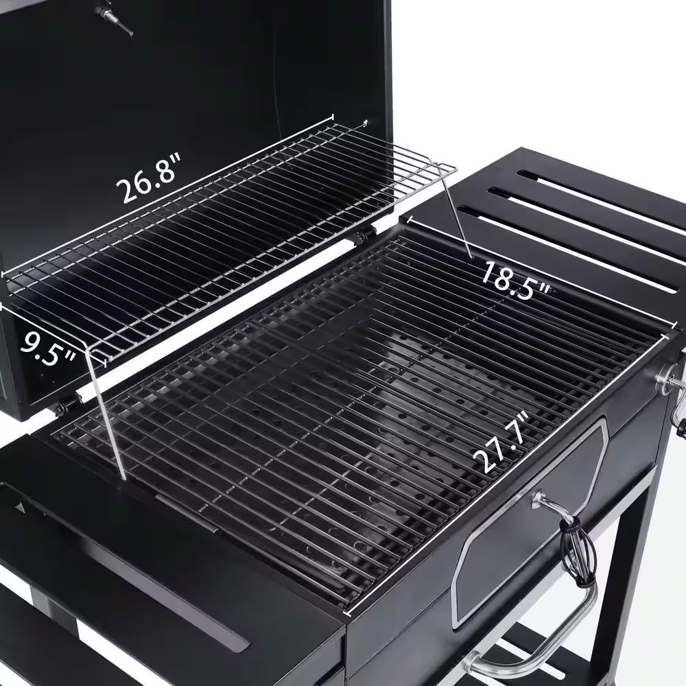 30 In. Charcoal Grill with Cover, BBQ Smoker Picnic Camping Patio Backyard Cooking in Black