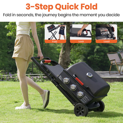 3-Burner Portable Grill with Foldable Legs, 30,000BTU Gas Grill , 415 SQ.IN Detachable Propane Grills, Non-Stick Porcelain Grate, Outdoor Bbq Grill for Camping, Tailgating, Backyard Cooking