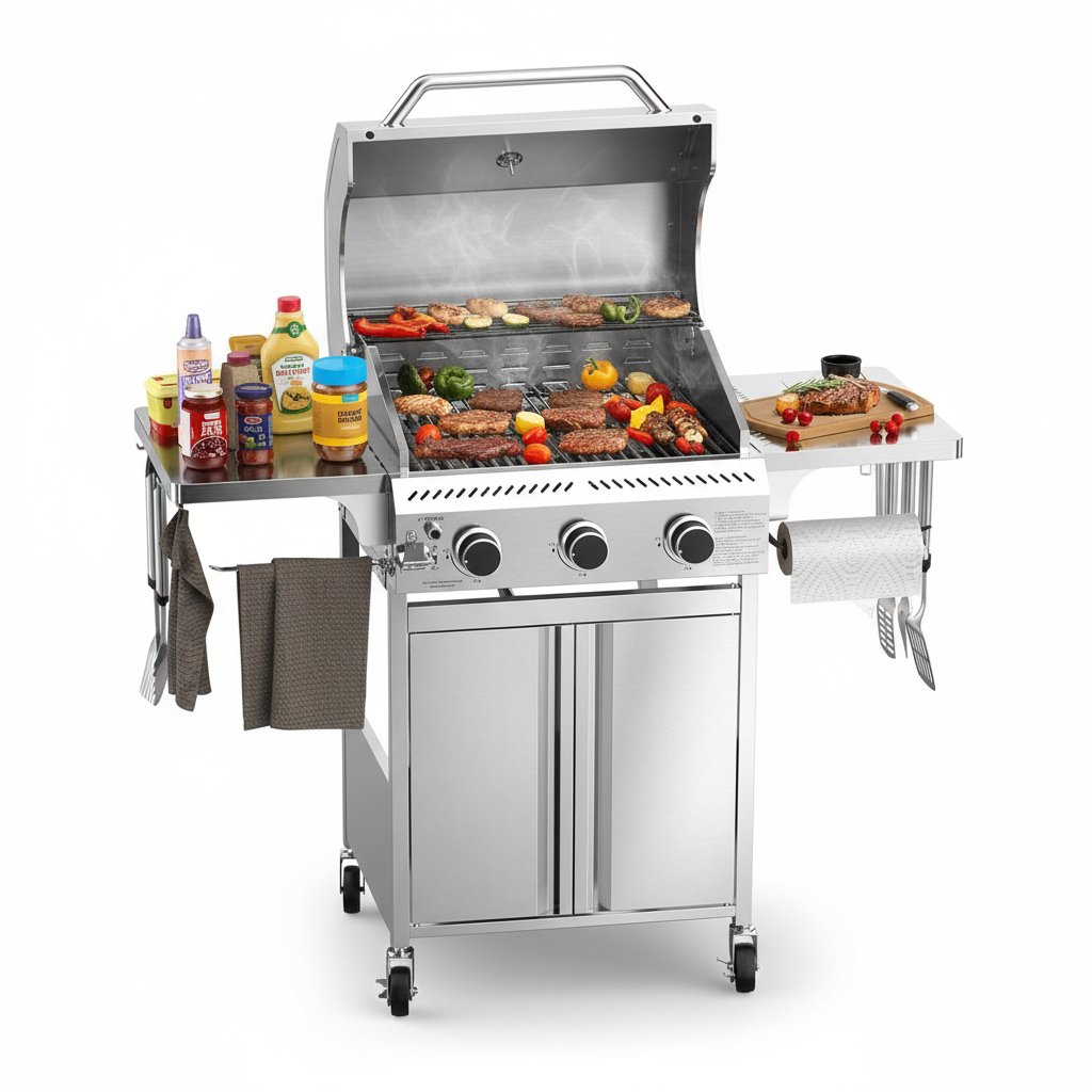 Propane Gas Grill, 3-Burner 24,000 BTU Stainless Steel BBQ Grill with Foldable Shelf for Outdoor Barbecue and Cooking