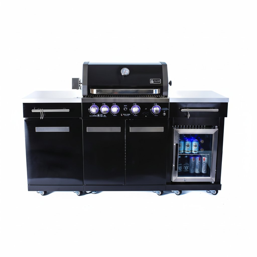 Premium 70"W Black Stainless Steel Outdoor Kitchen Island BBQ Gas Grill with Compact Refrigerator & Rotisserie Burner + Dual Sided Griddle Plate + Charcoal Tray + Natural Gas Conversion Kit