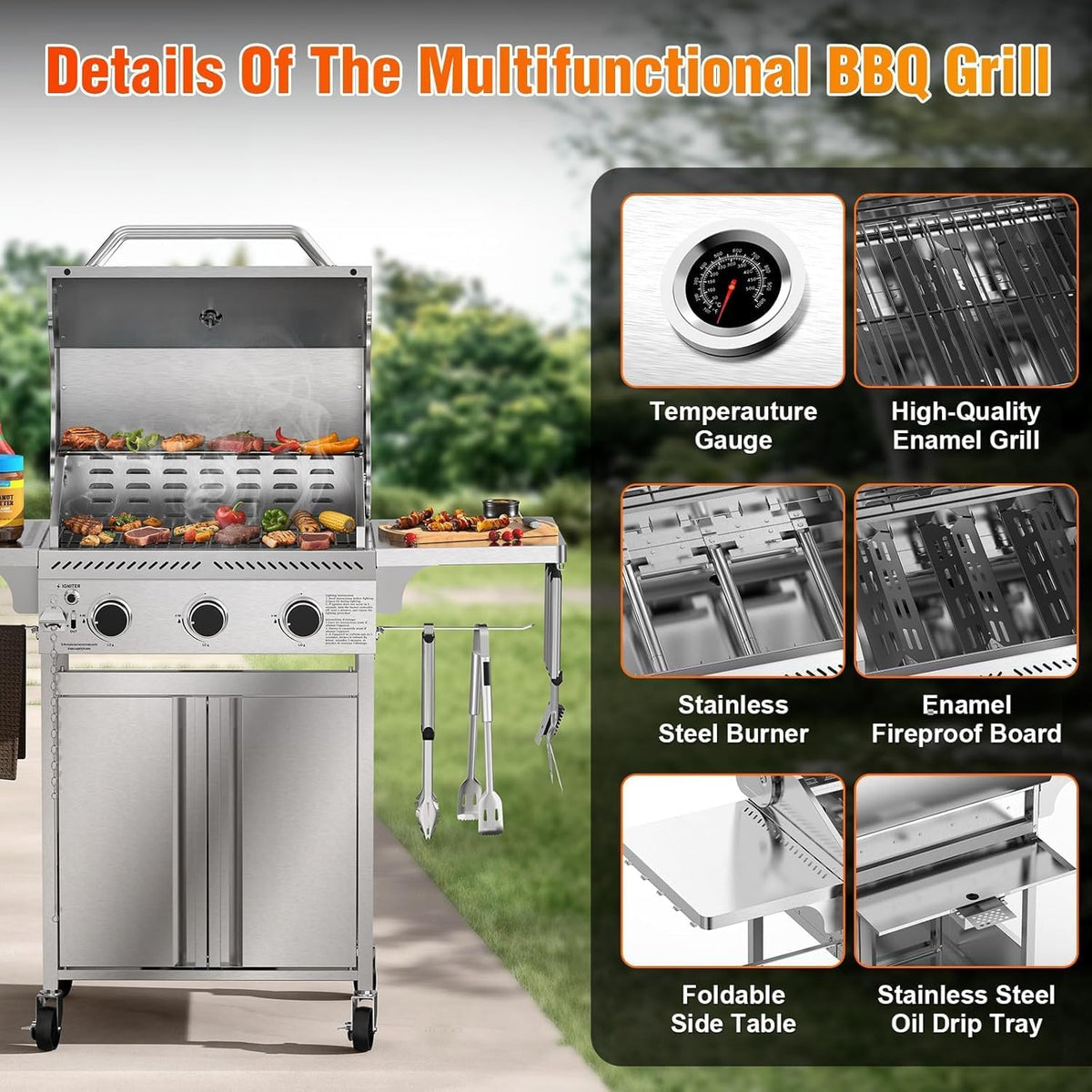 Propane Gas Grill, 3-Burner 24,000 BTU Stainless Steel BBQ Grill with Foldable Shelf for Outdoor Barbecue and Cooking