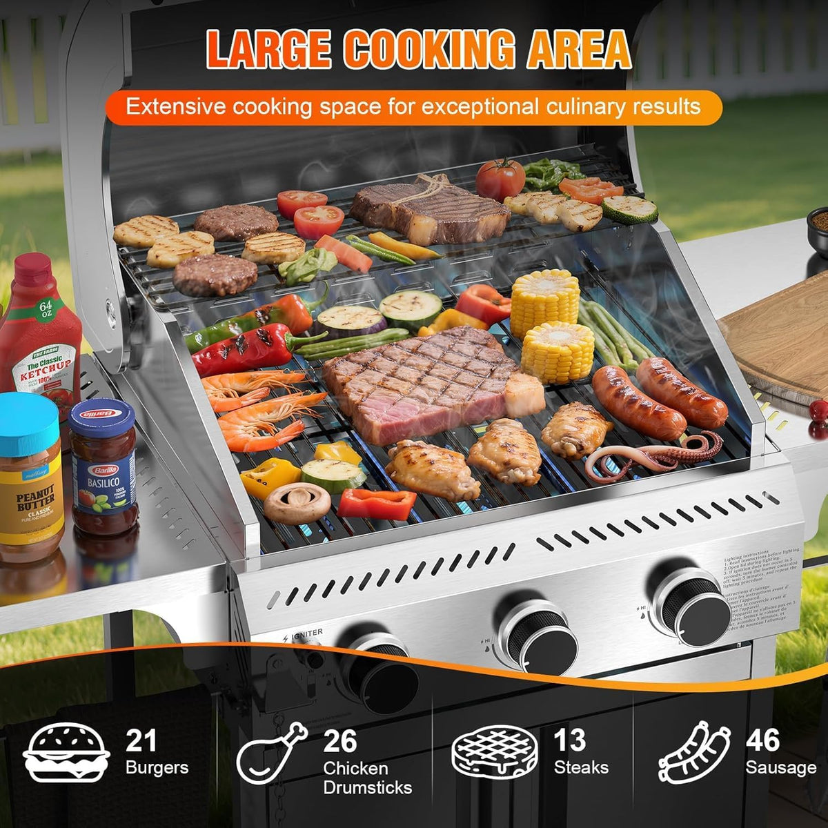 Propane Gas Grill, 3-Burner 24,000 BTU Stainless Steel BBQ Grill with Foldable Shelf for Outdoor Barbecue and Cooking