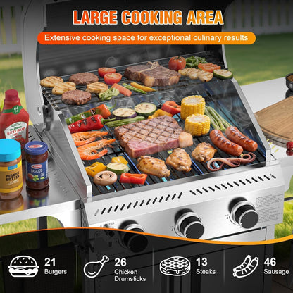 Propane Gas Grill, 3-Burner 24,000 BTU Stainless Steel BBQ Grill with Foldable Shelf for Outdoor Barbecue and Cooking