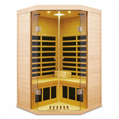 2-Person Corner Far Infrared Sauna Room - Hemlock Wood, Deluxe Transparent Glass Front, Large Capacity Home Sauna