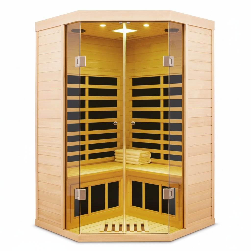 2-Person Corner Far Infrared Sauna Room - Hemlock Wood, Deluxe Transparent Glass Front, Large Capacity Home Sauna