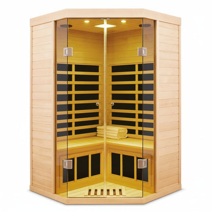 2-Person Corner Far Infrared Sauna Room - Hemlock Wood, Deluxe Transparent Glass Front, Large Capacity Home Sauna