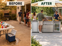 43 In. 6-Burner 85000 BTU Propane Gas Grill Island Outdoor Kitchen with Refrigerator, Sink in Silver Stainless Steel — Before & After