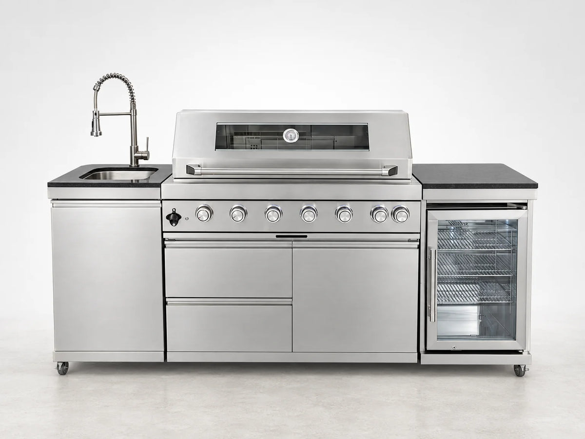 43 In. 6-Burner 85000 BTU Propane Gas Grill Island Outdoor Kitchen with Refrigerator, Sink in Silver Stainless Steel — Studio Shot